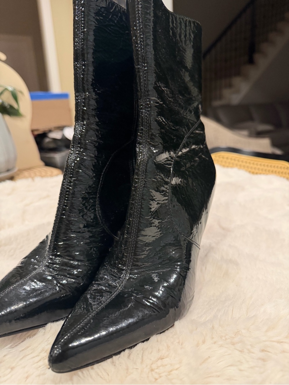 Nine West Black Patent Pointed Toe Wedge Ankle Boots
